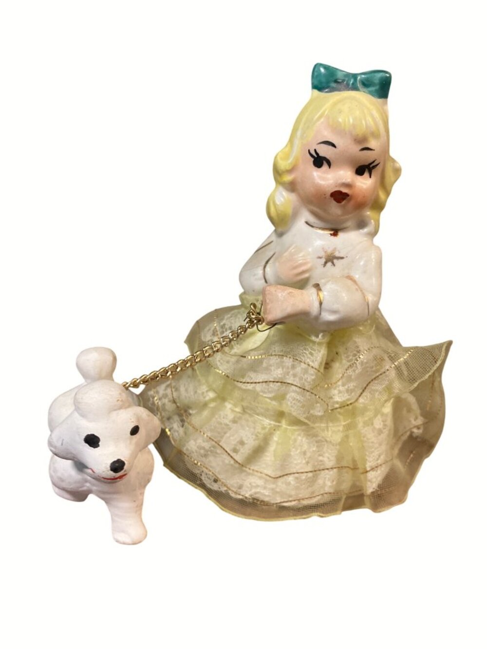 Ceramic Girl Figurine With Dog and Chain Yellow Dress Made In Japan Vintage